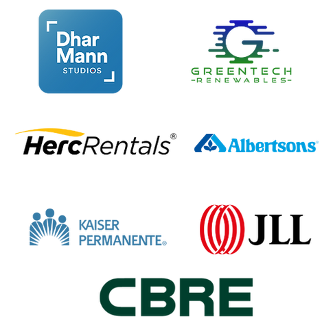 Corporate logos for notable Good Guard Security clients including Dhar Mann Studios, Herc Rentals, Albertsons, and Kaiser Permanente